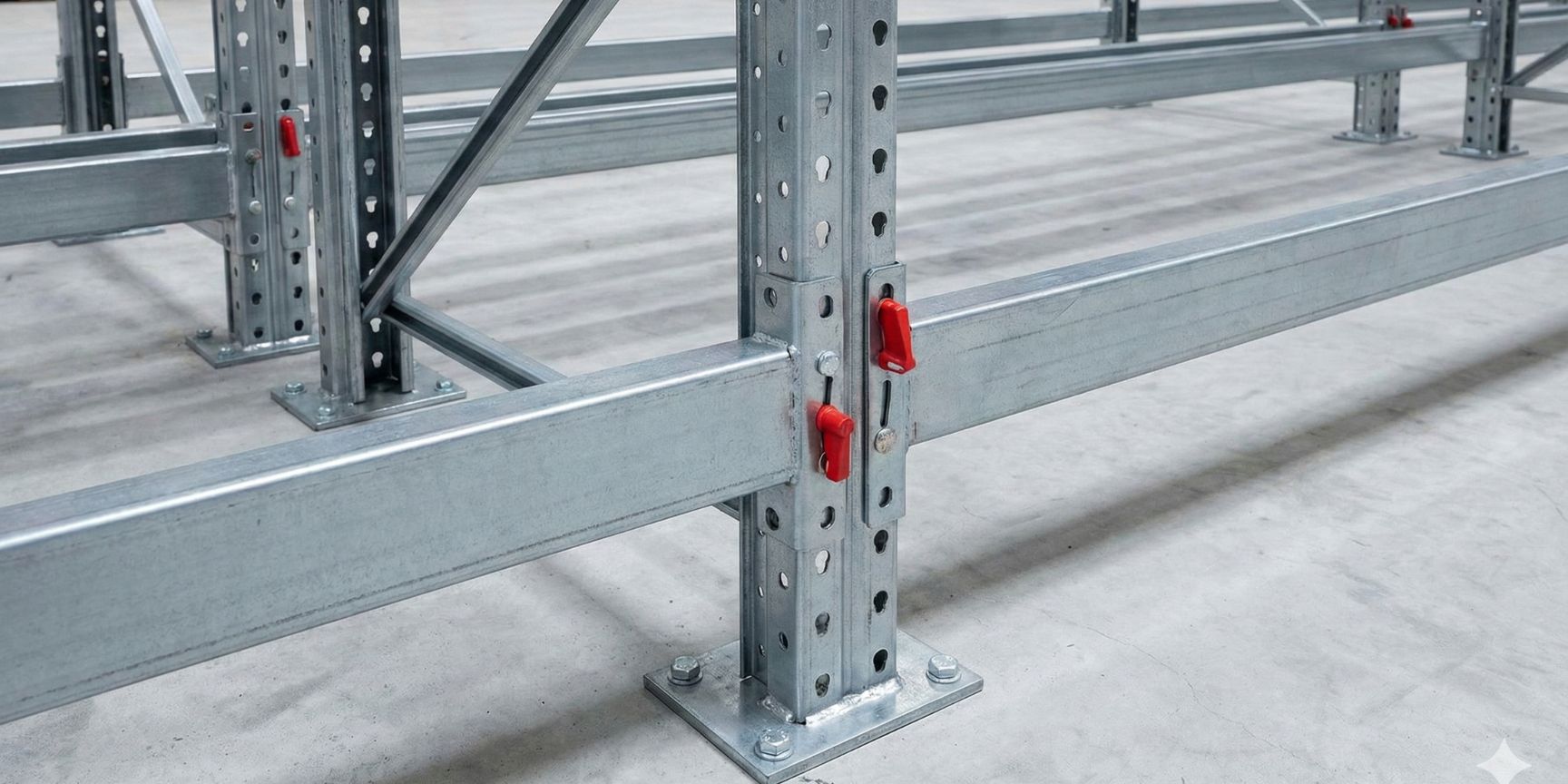 Nahaufnahme der technischen Komponenten eines Schwerlast-Palettenregals in einer Lagerhalle, zeigt den Regalständer aus Stahl mit Lochraster, eingehängte Traversen mit roten Sicherungsstiften und die am Betonboden verschraubte Fußplatte.